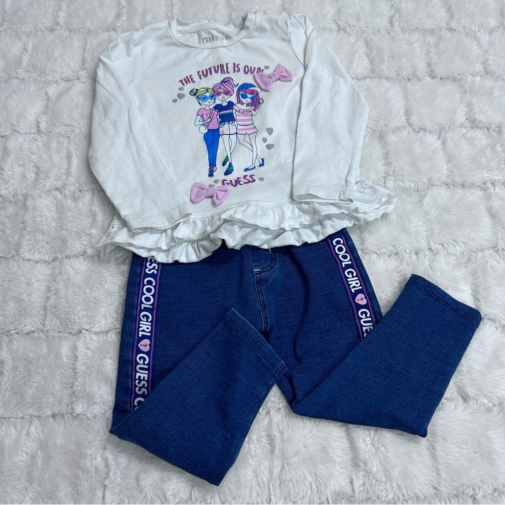 Guess Girl White Long Sleeve Shirt with Blue Stretchy Denim Pants with Size 18 M